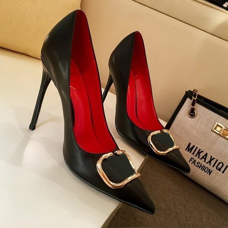 Designer Formal Shoes High Heels Women's 10cm High Heels Pointed Toe Shoes Classic Metal V Buckle Nude Black Red Matte Stiletto Heels with Dust Bag 34-44