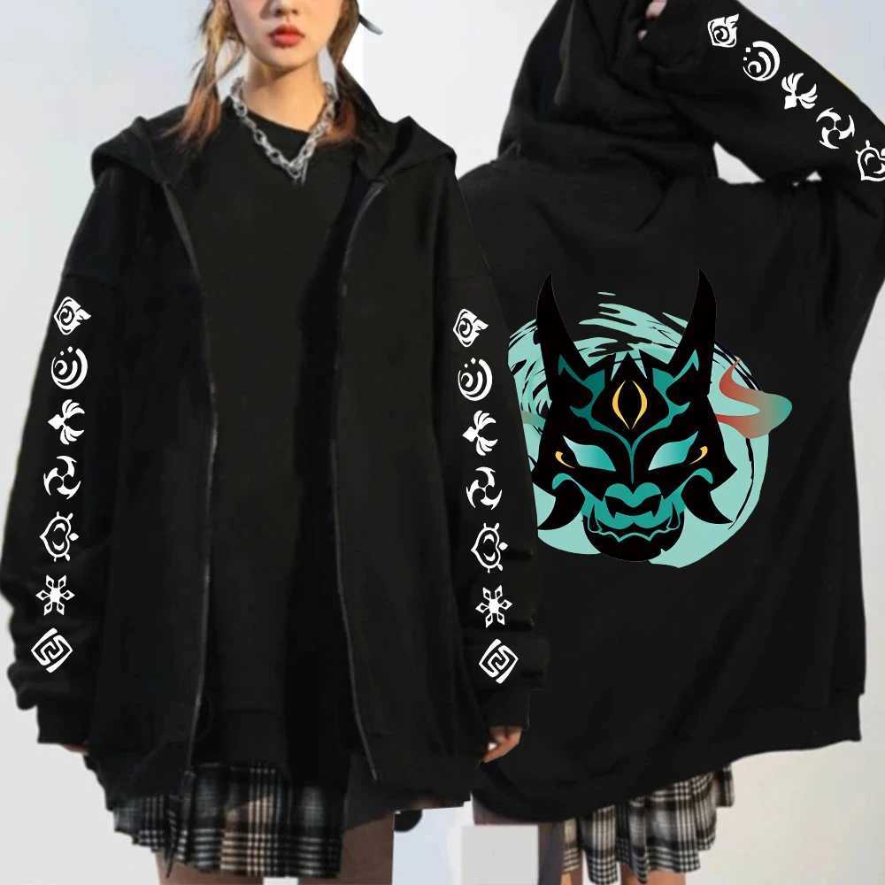 Heren Hoodies Sweatshirts Genshin Impact Xiao Mask Fangs Anime Print Zipper Hoodies Men Women Women Harajuku Fashion Long Slve Plus Size Zipper Jacket Coat T240510