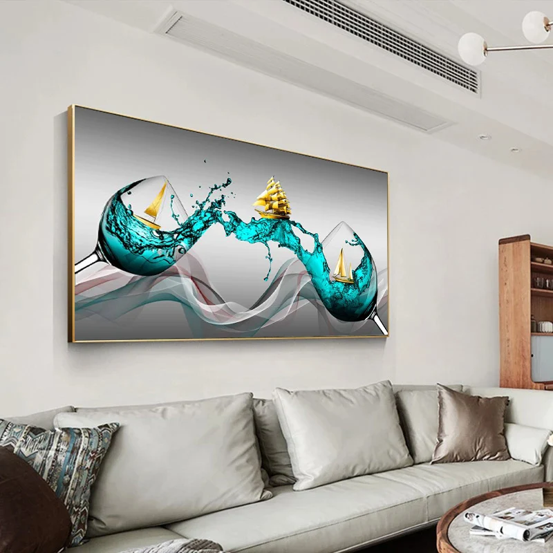 Abstrakcyjne obrazy sztuki kieliszek do wina i łódź ścienna zdjęcia do salonu vintage nowoczesne dzieła sztuki dekoracja domu