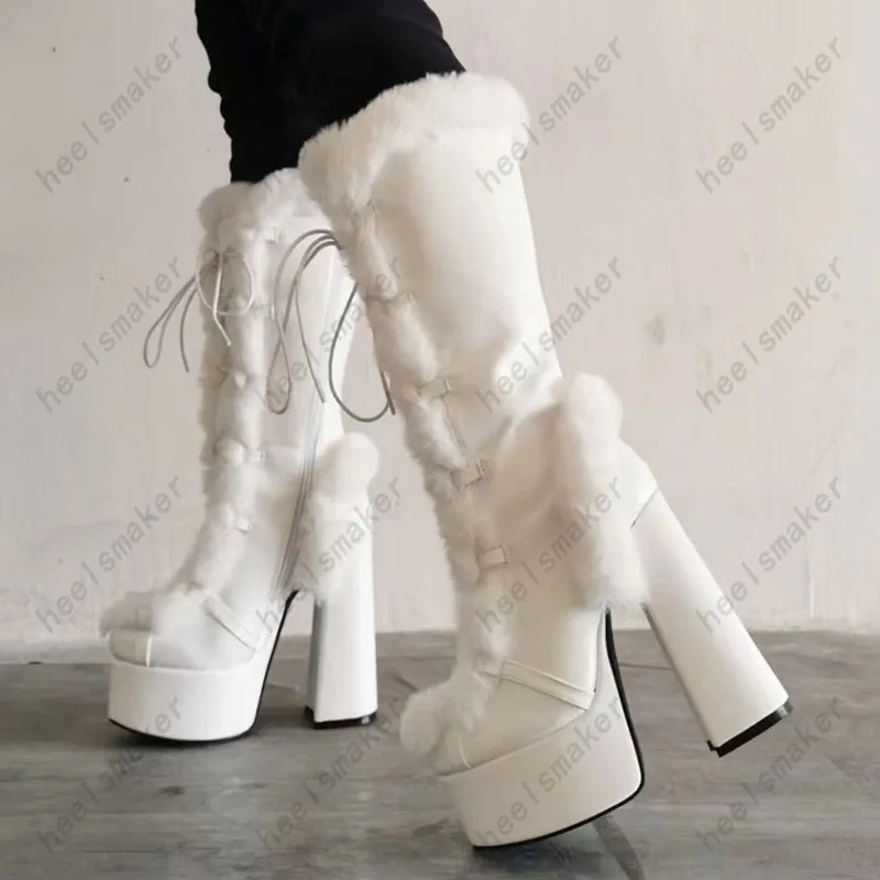 Sukeia handgemaakte luxe vrouwen winter midden kalf laarzen rond teen veter dikke hakken zwarte witte trouwschoenen dames ons maat 5-20