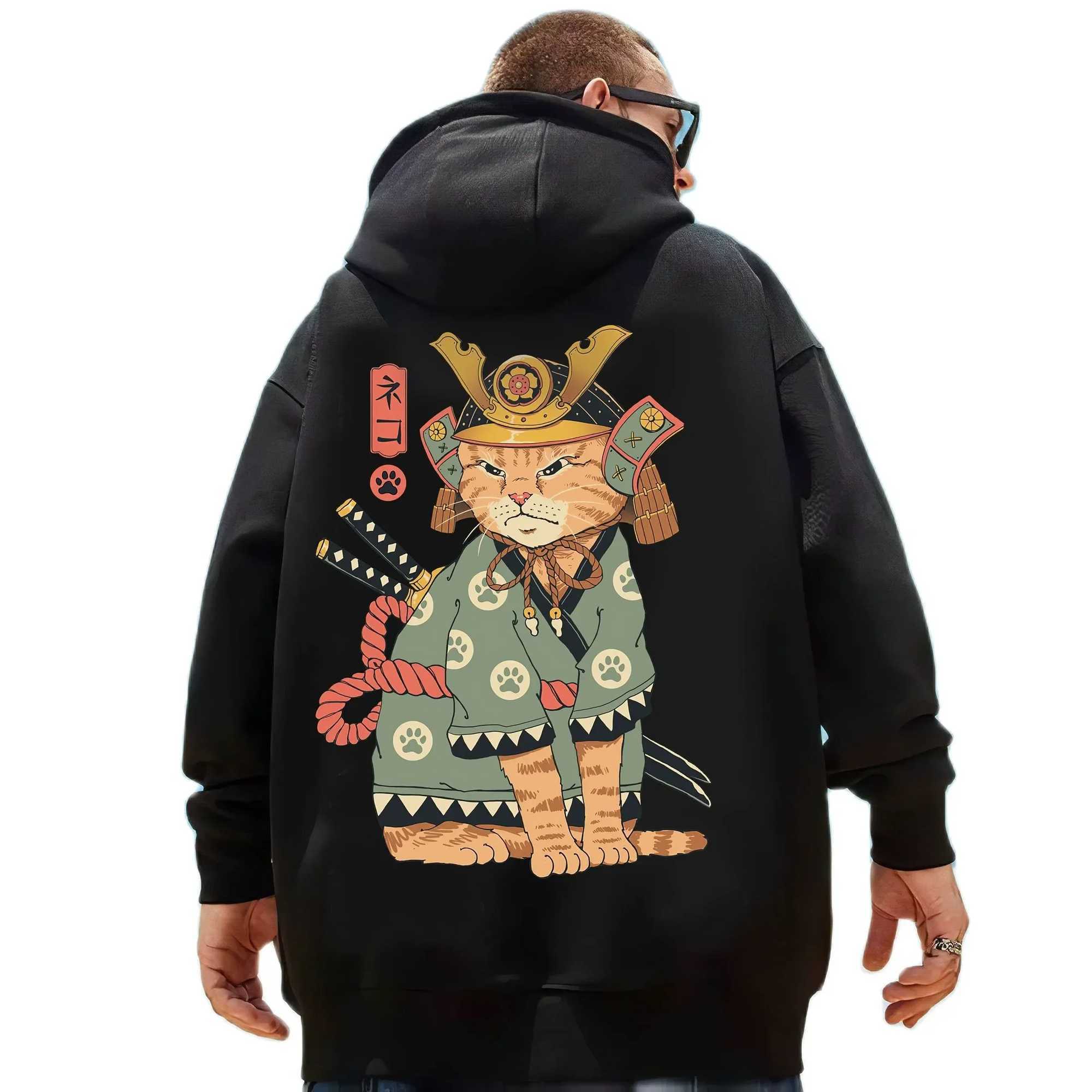 Mens Hoodies Sweatshirts Samurai Cat Printed Herr Hoodie Sweatshirt med japanska element Grafisk pullover för hösten Stay Warm Basic Hoodie Extra Large Coa