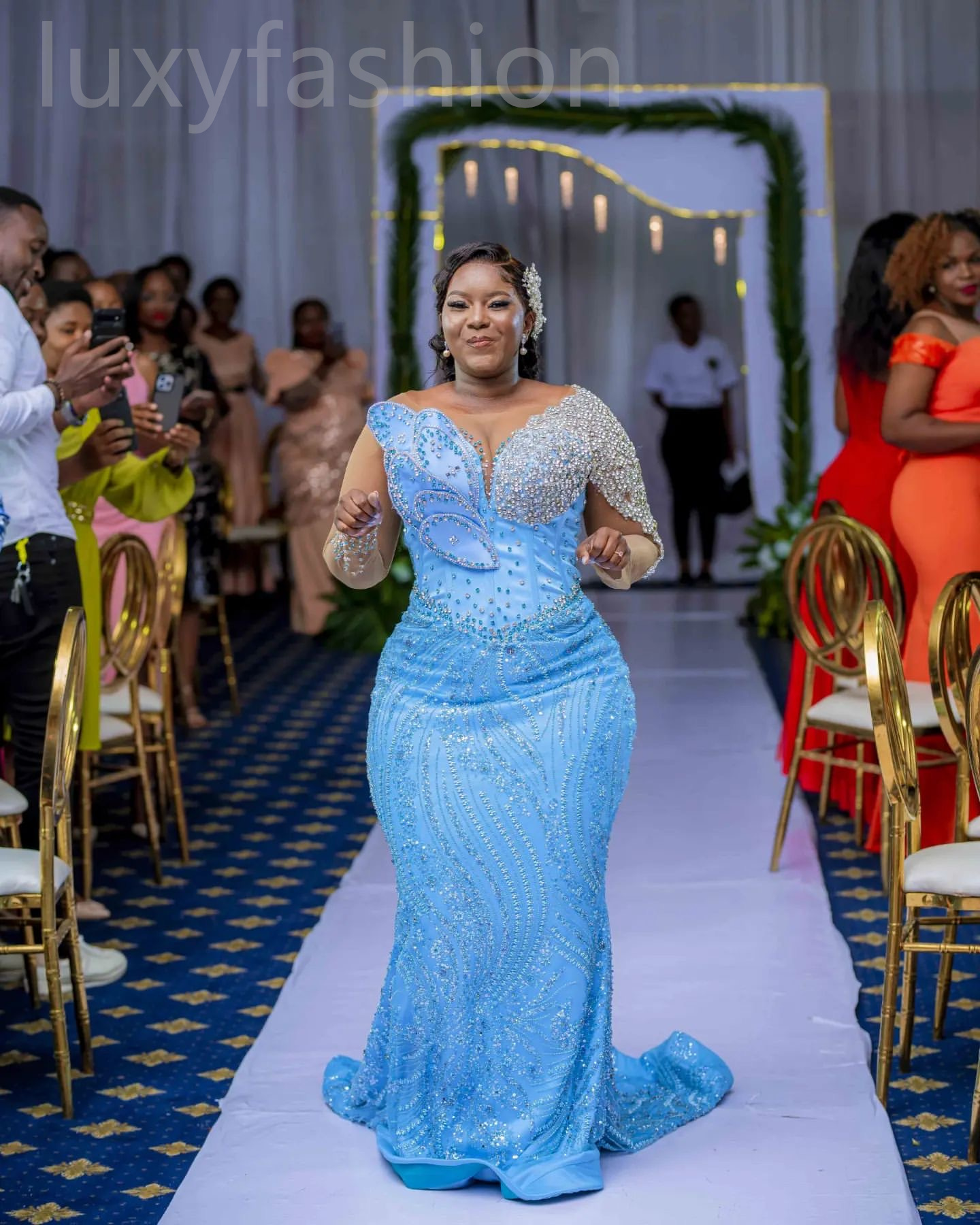 Aso Ebi 2024 Blue Mermaid Prom Dresses Sequined Crystals Beaded Luxurious Evening Party Formal Second Reception Birthday Enagement PromDress Gowns LF037