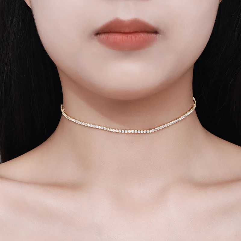 Chokers 2mm Mosilicon Tennis Necklace 925 Silver 18K Gold Plated Sparkling Water Diamond Chain Bridal Wedding Jewelry D240514