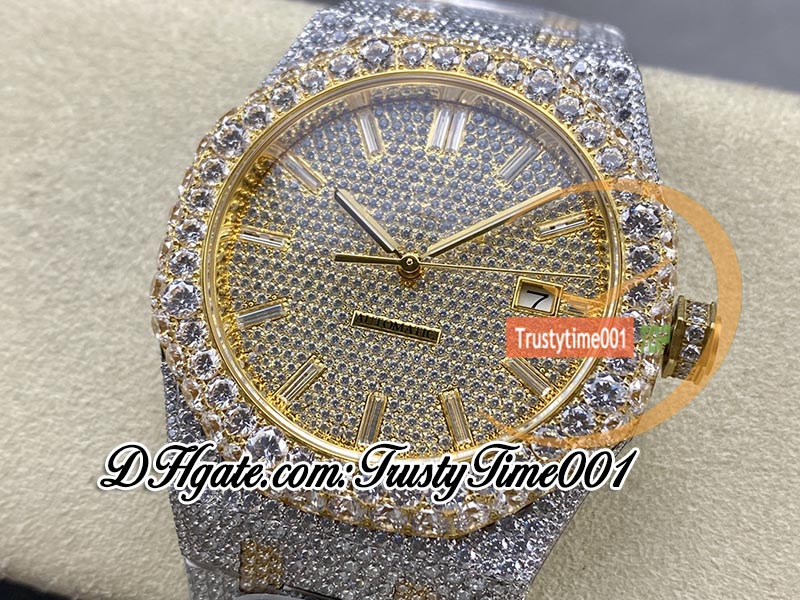 AMG 15400 A3120 Automatic Homme Regardez Big Diamond Diamond Chozel 18k Jaune Gold Paves Diamants Stick Markers Bracelet en acier Super Edition TrustyTime001 Iced Out Montres