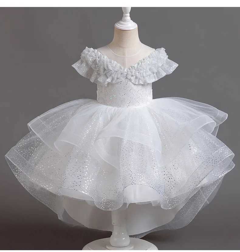 Girl's Dresses 4-12 Year Old Summer Wedding Flower Girl Dress Trailing Sequin Tulle Party Dress Embroidered Elegant Trailing Cake Dress Y240514