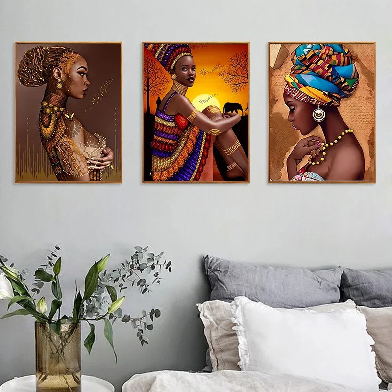 Dipinto di tela da donna africana, bellissime donne nere poster d'arte murale, soggiorno moderno, immagine estetica interna decorazioni la casa senza incorniciatura
