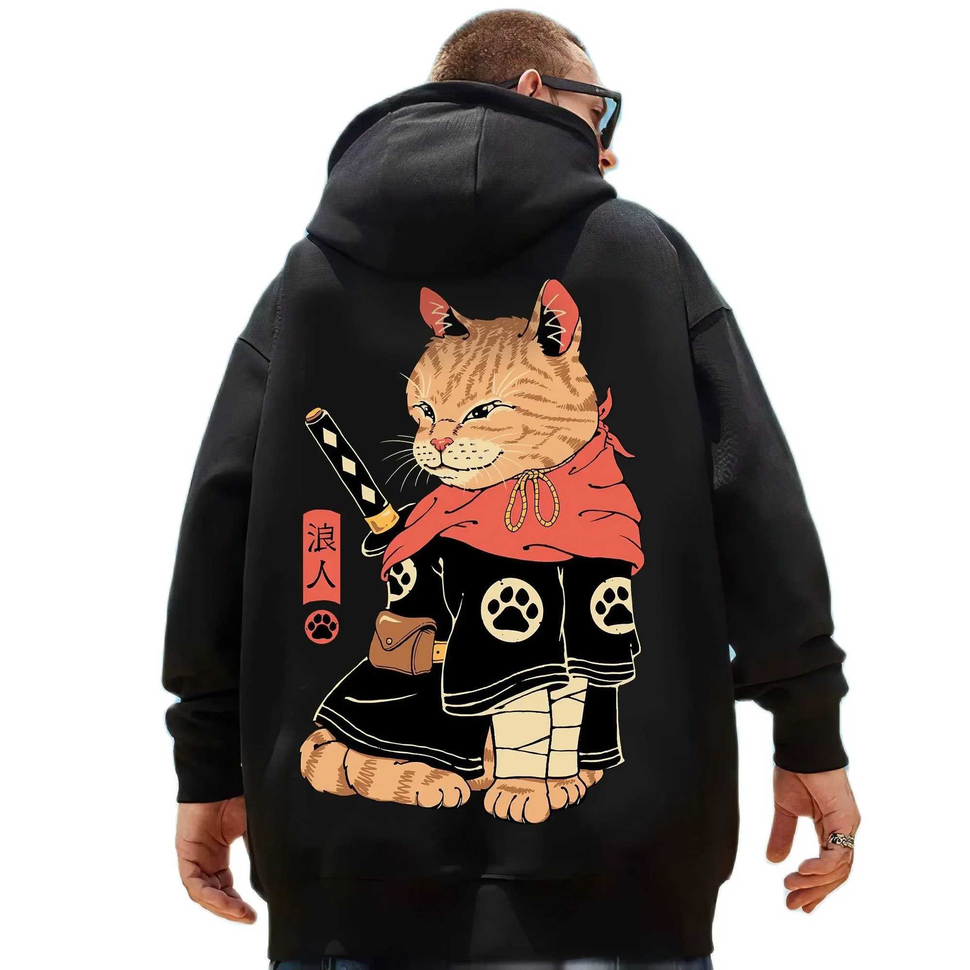 Mens Hoodies Sweatshirts Samurai Cat Printed Herr Hoodie Sweatshirt med japanska element Grafisk pullover för hösten Stay Warm Basic Hoodie Extra Large Coa