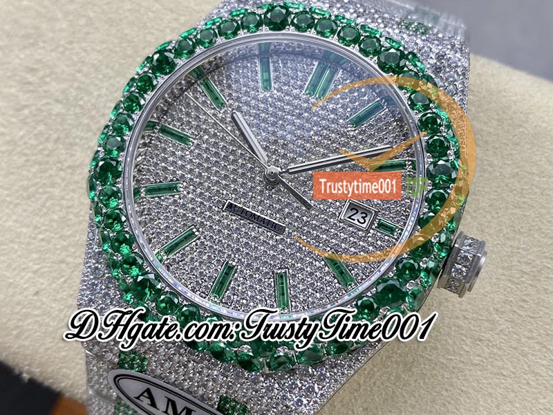 AMG 15400 A3120 Automatic Mens Watch Green Big Diamond Bezel Paved Diamonds Dial Baguette Markers Two Tone Steel Bracelet Super Trustytime001 Iced Out Full Watches