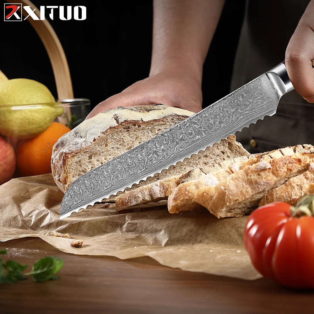 Couteau à pain 8 pouces Japon Damas Damas Damas Steel Ultra Sharp Serrated couteau ondulé taillé au bord de pain couteau pour gâteau de pain