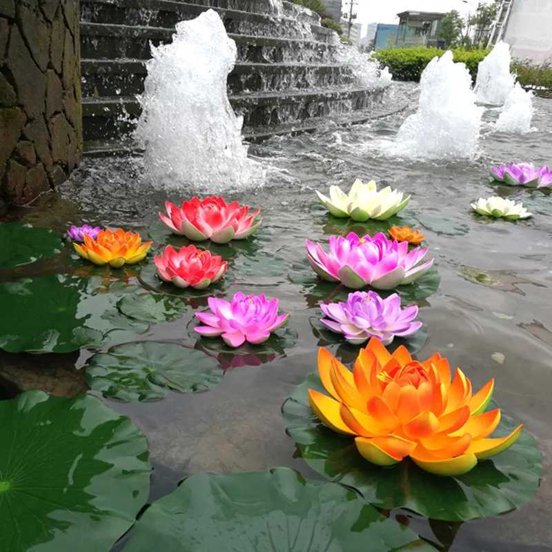 Decorative Flowers Wreaths 17cm Lotus Artificial Flower Floating Fake Lotus Plant Lifelike Water Lily Micro Landscape for Pond Garden Decor