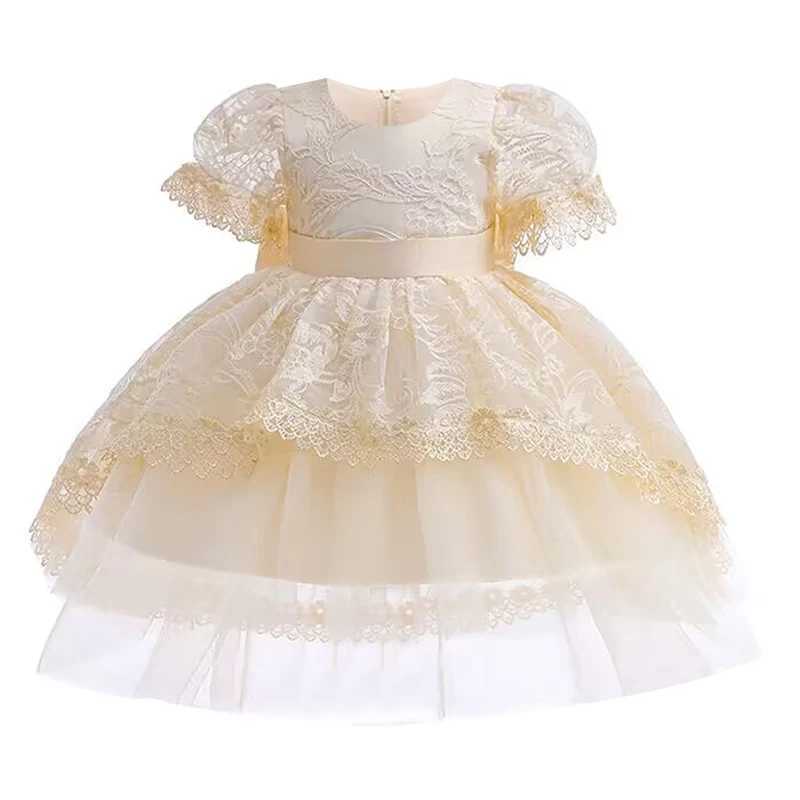 Robes de fille Blanche fille princesse robe fleur robe de mariée robe de mariée moelleuse Broidered Lace Carnival Robe de 3-8 ans Vêtements pour enfants Y240514