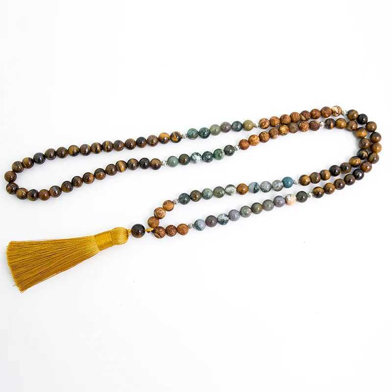 Collane di perline 8mm giallo naturale tigre occhio indiano albero di agata agata 108 japa mala collana meditazione yoga xizang set di gioielli d240514