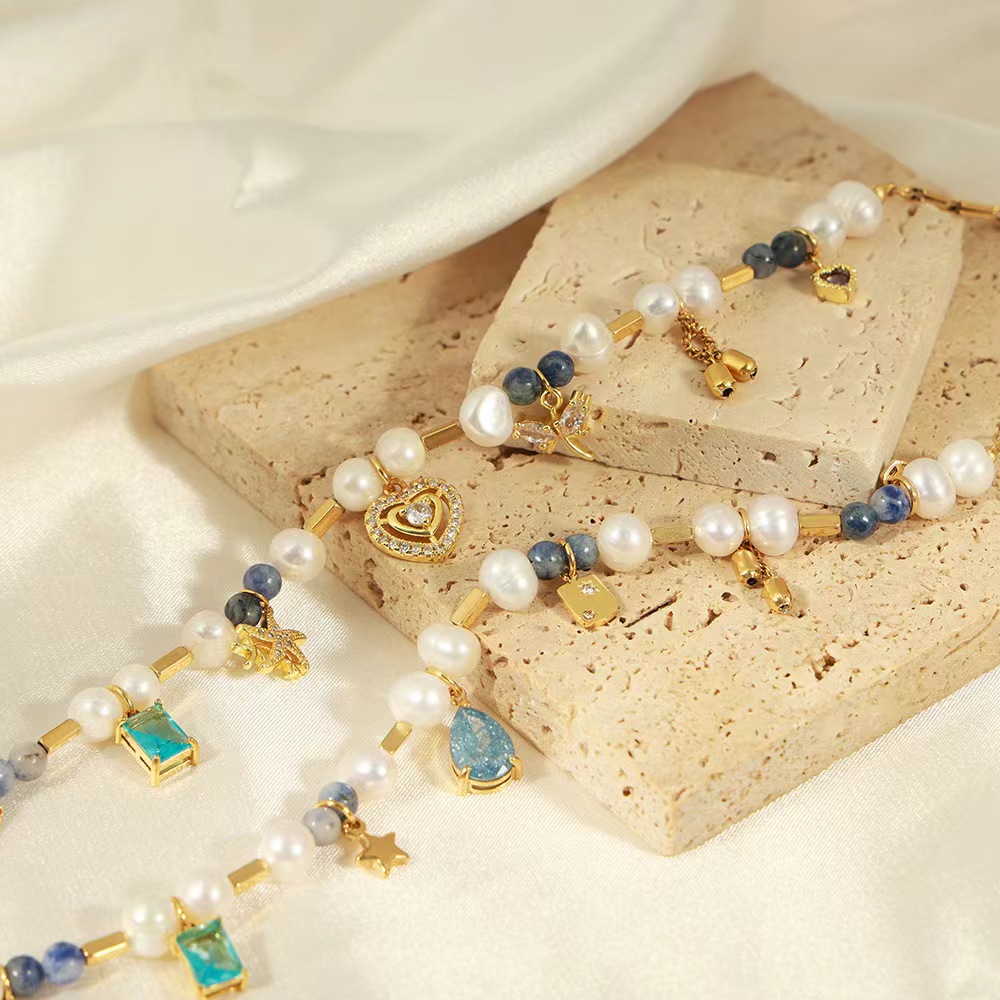 Freshwater pearl titanium pendant necklace for Women natural stone panels handmade