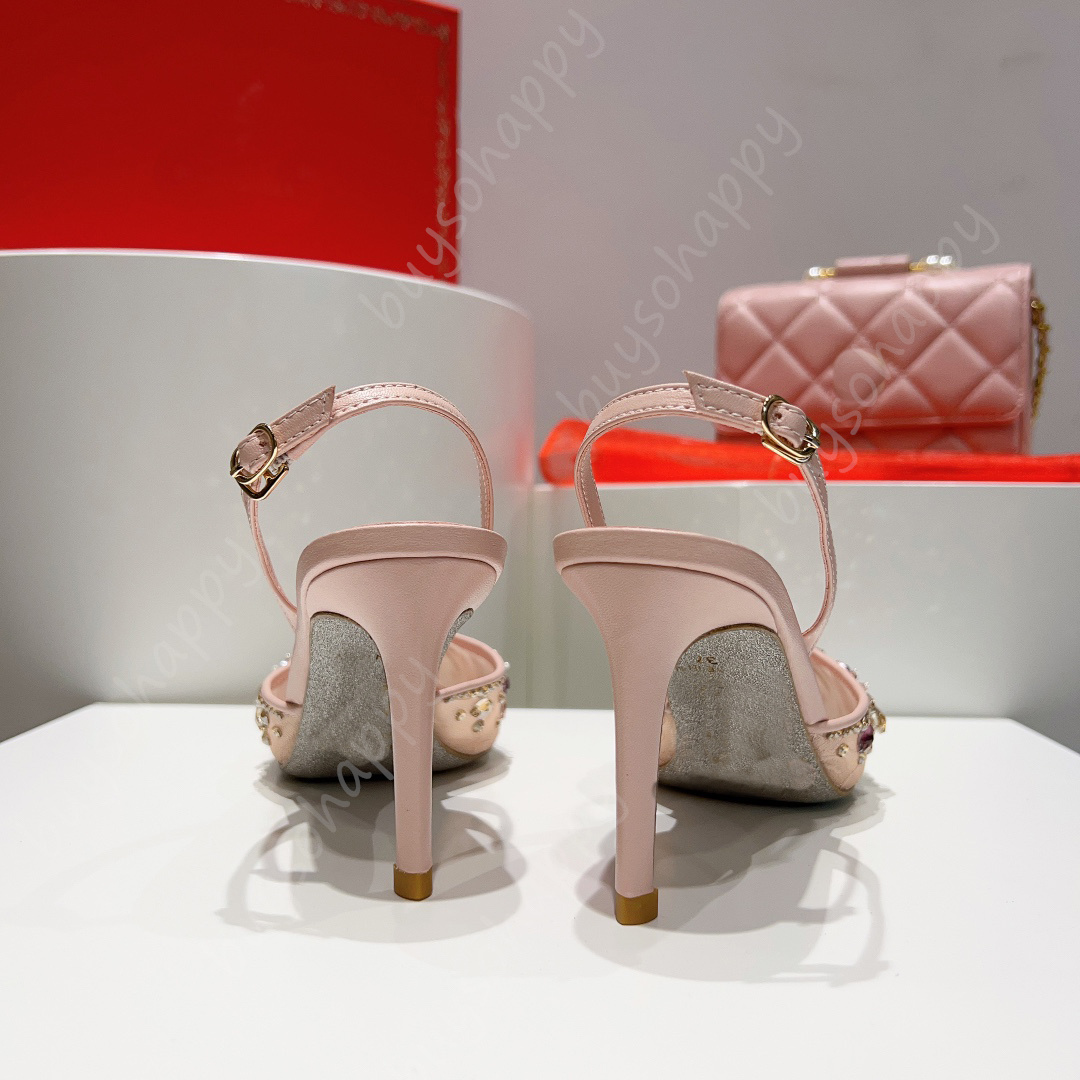 Rene Caovilla Diamond Heels Sandal Slingbacks Crystal-encrusted Evening Shoes Rhinestone Decoration 7.5cm Kitten Heel Women's High Heels Designer Factory