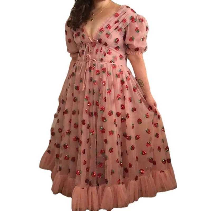Maternity Dresses 5XL Plus Size Womens Pink Strawberry Mesh Dress European and American V-neck High Waist Puff Sleeves Princess Dress with RufflesL2405