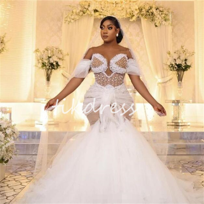 Suknie ślubne syreny Aso ebi 2024 Perły ukochane afrykańskie wiejskie suknie ślubne plus size afrykańskie sukienki ślubne Trumpet Bohemian Church sukienka panna młoda vestios novias boda oszałamiająca