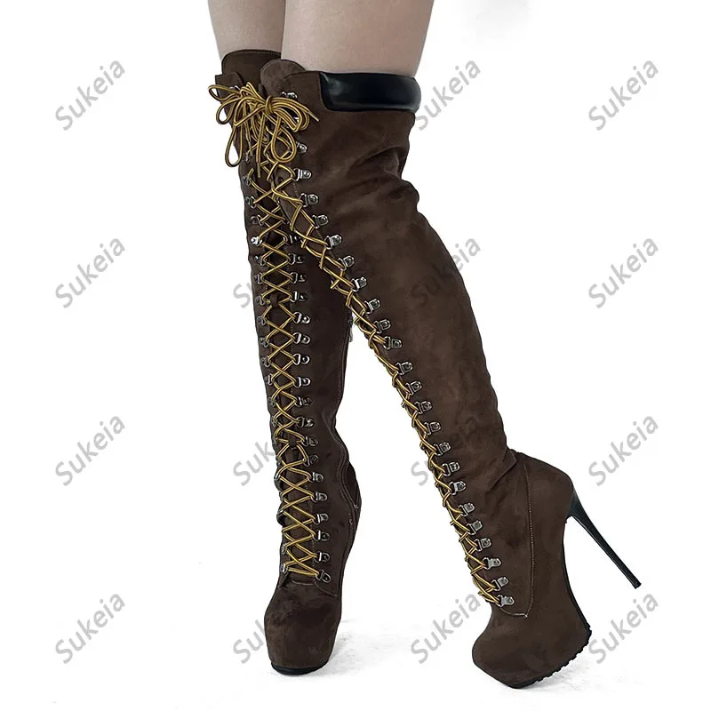 Sukeia Women Over Knee Boots Hidden Platform Zipper Stiletto Heels Round Toe Pretty Dark Brown Party Shoes Ladies US Size 5-20