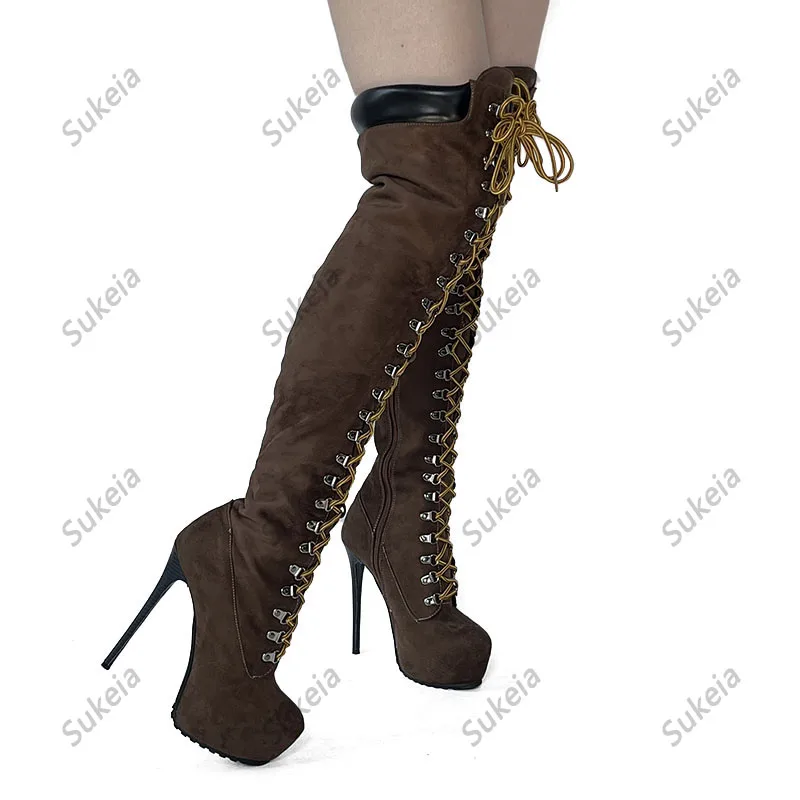 Sukeia Women Over Knee Boots Hidden Platform Zipper Stiletto Heels Round Toe Pretty Dark Brown Party Shoes Ladies US Size 5-20