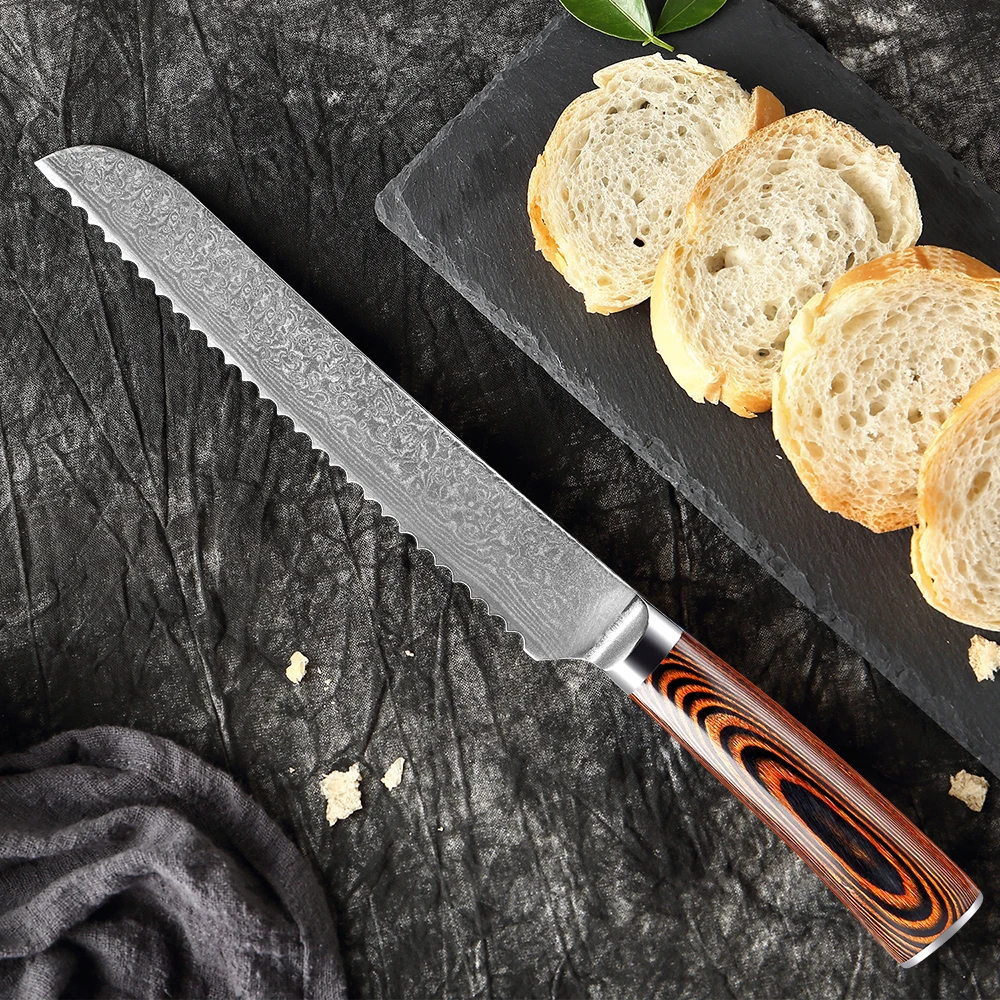 Couteau à pain 8 pouces Japon Damas Damas Damas Steel Ultra Sharp Serrated couteau ondulé taillé au bord de pain couteau pour gâteau de pain
