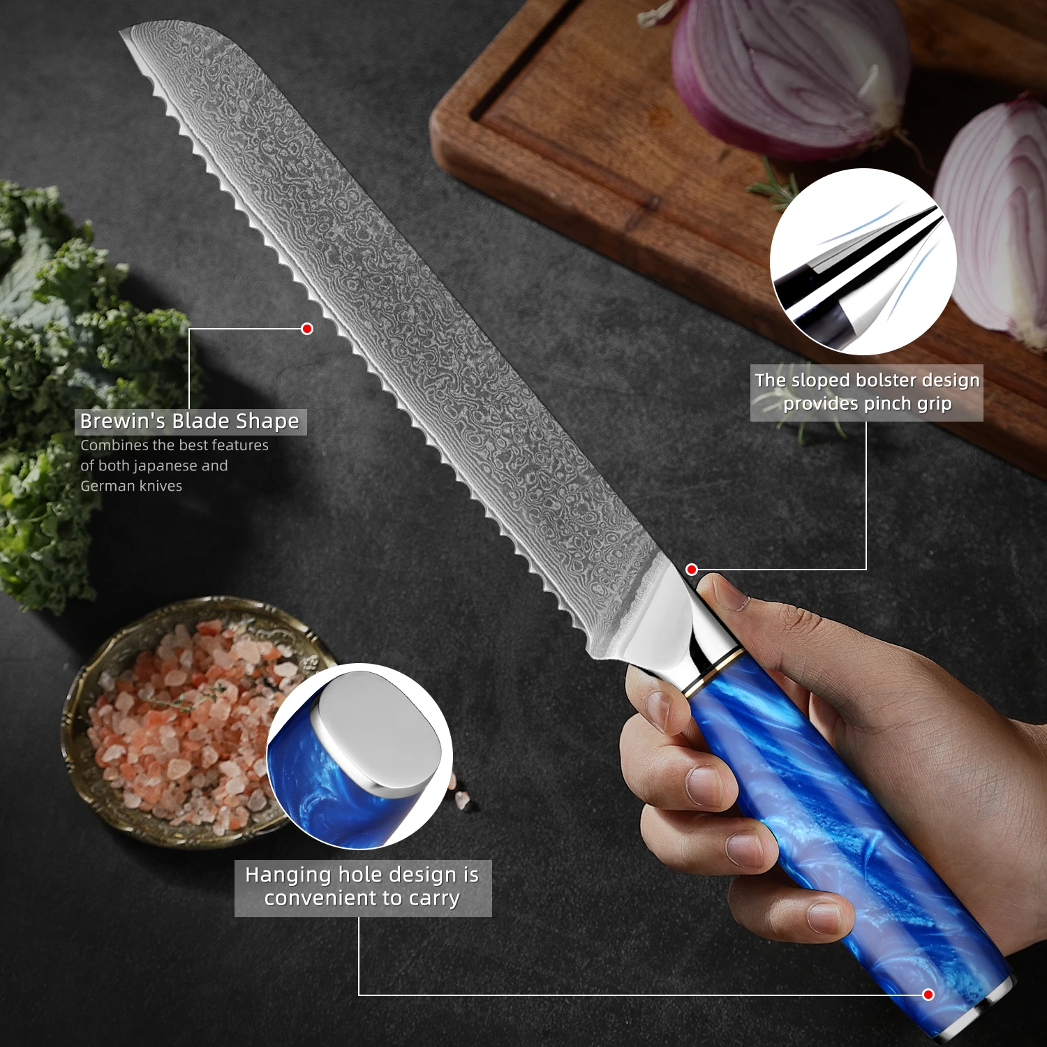 Bread Knife 8 inch Professional Japanese Damascus Steel Blue Resin Handle Ergonomic Pro Kitchen Knife Stain Corrosion Resistant