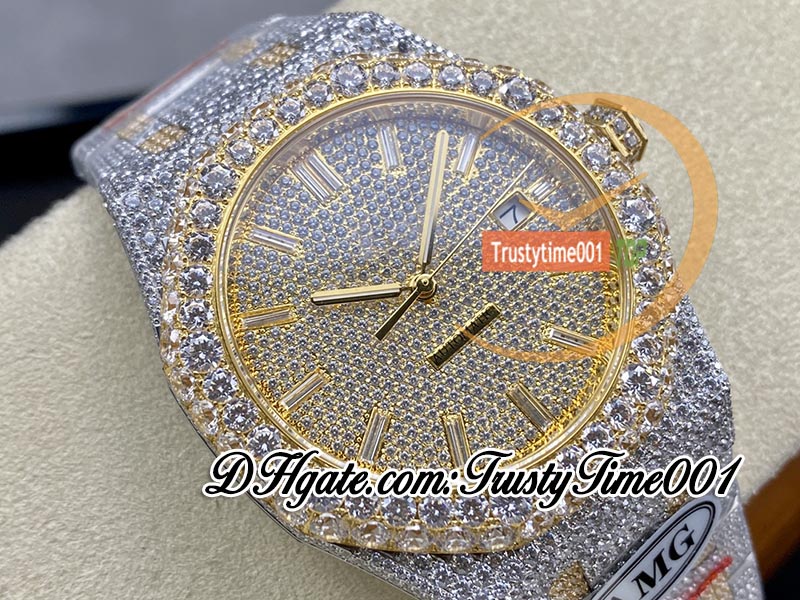 AMG 15400 A3120 Automatic Homme Regardez Big Diamond Diamond Chozel 18k Jaune Gold Paves Diamants Stick Markers Bracelet en acier Super Edition TrustyTime001 Iced Out Montres