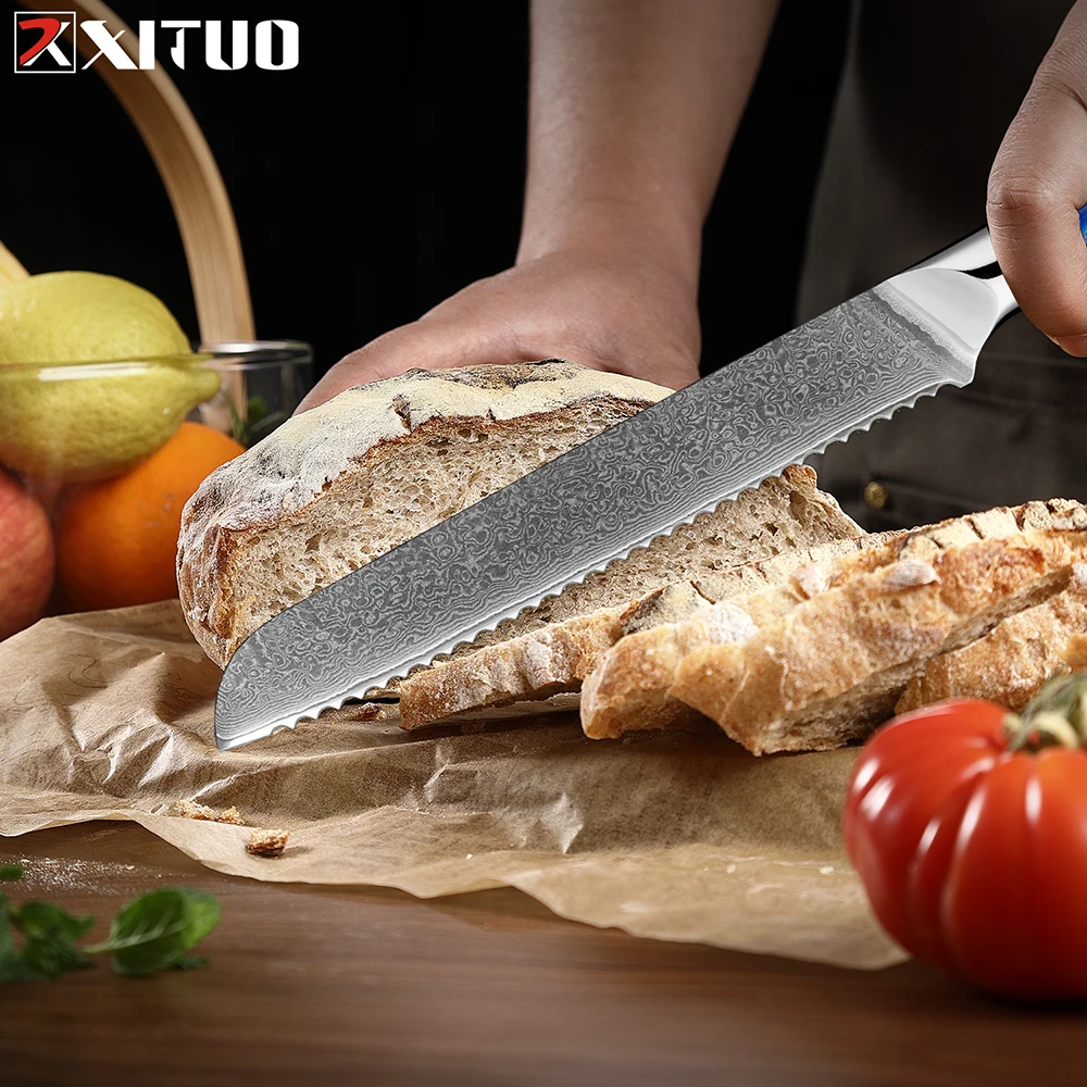 Bread Knife 8 inch Professional Japanese Damascus Steel Blue Resin Handle Ergonomic Pro Kitchen Knife Stain Corrosion Resistant