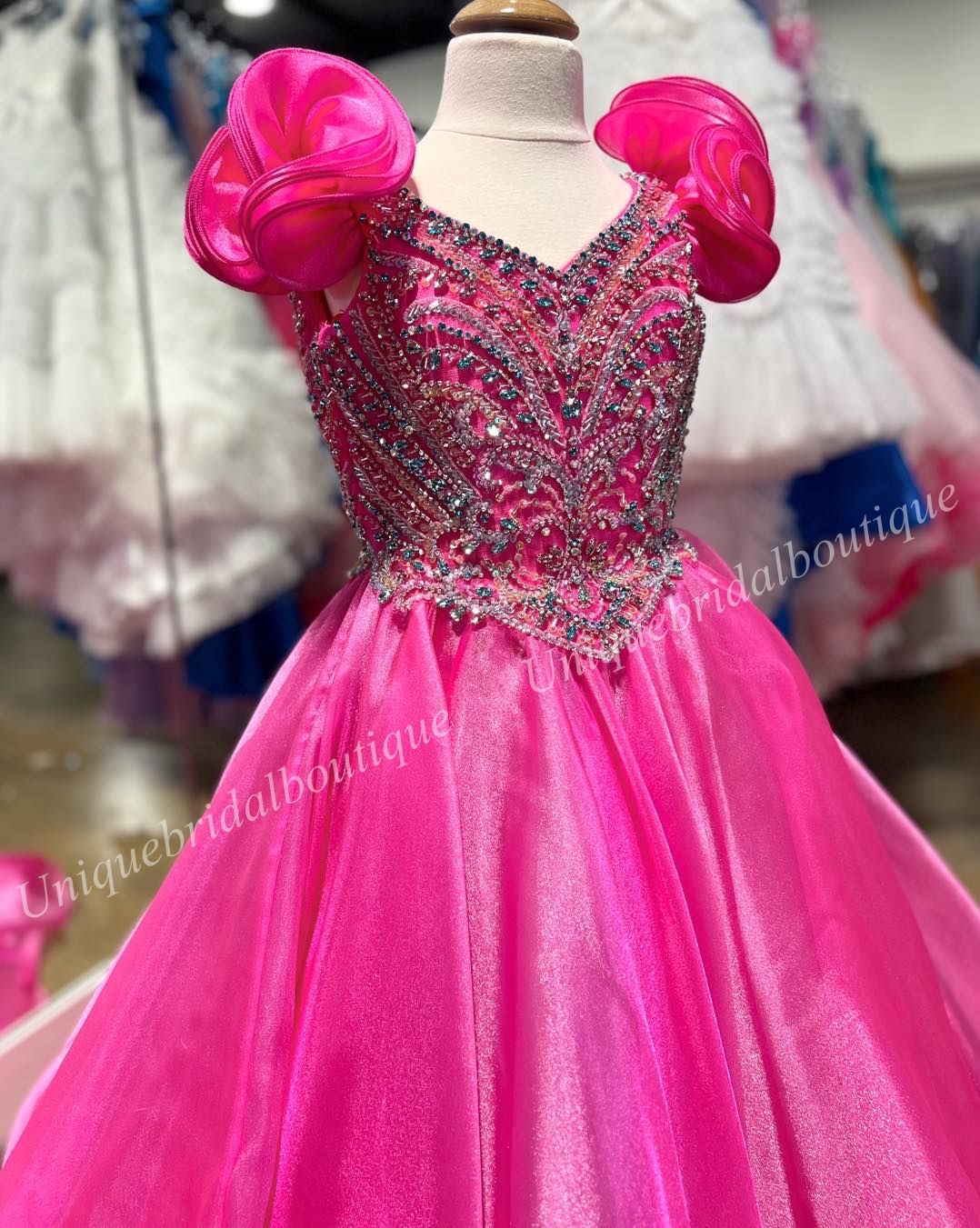 Hot Pink Girl Pageant Dress Teens Metallic Organza Little Kid Princess Birthday Formal Party Gown Toddler Preteens Tiny Young Junior Miss Flower Mint Ruffle Sleeves