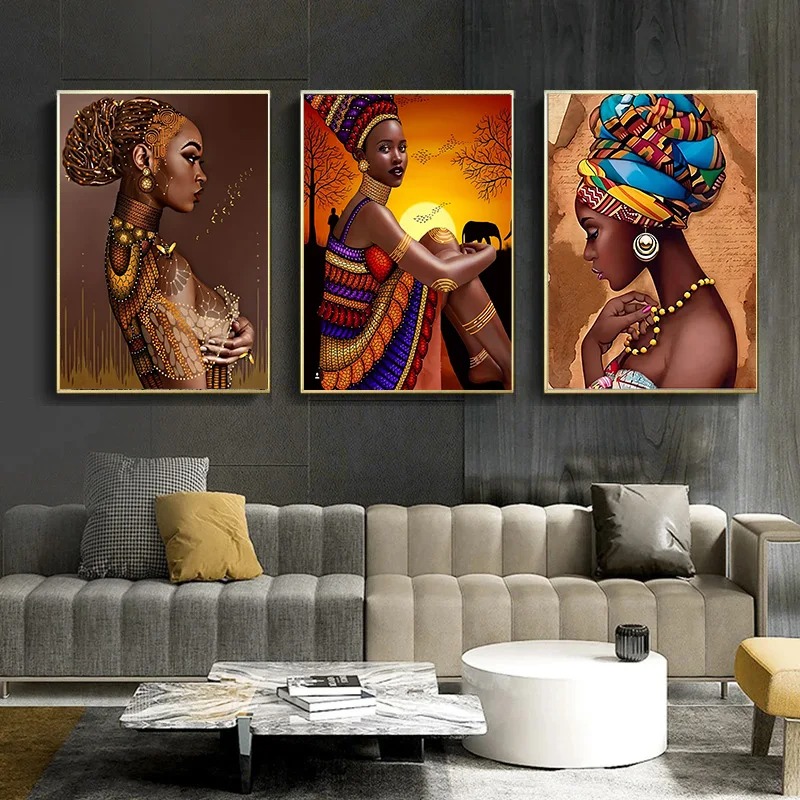 Dipinto di tela da donna africana, bellissime donne nere poster d'arte murale, soggiorno moderno, immagine estetica interna decorazioni la casa senza incorniciatura