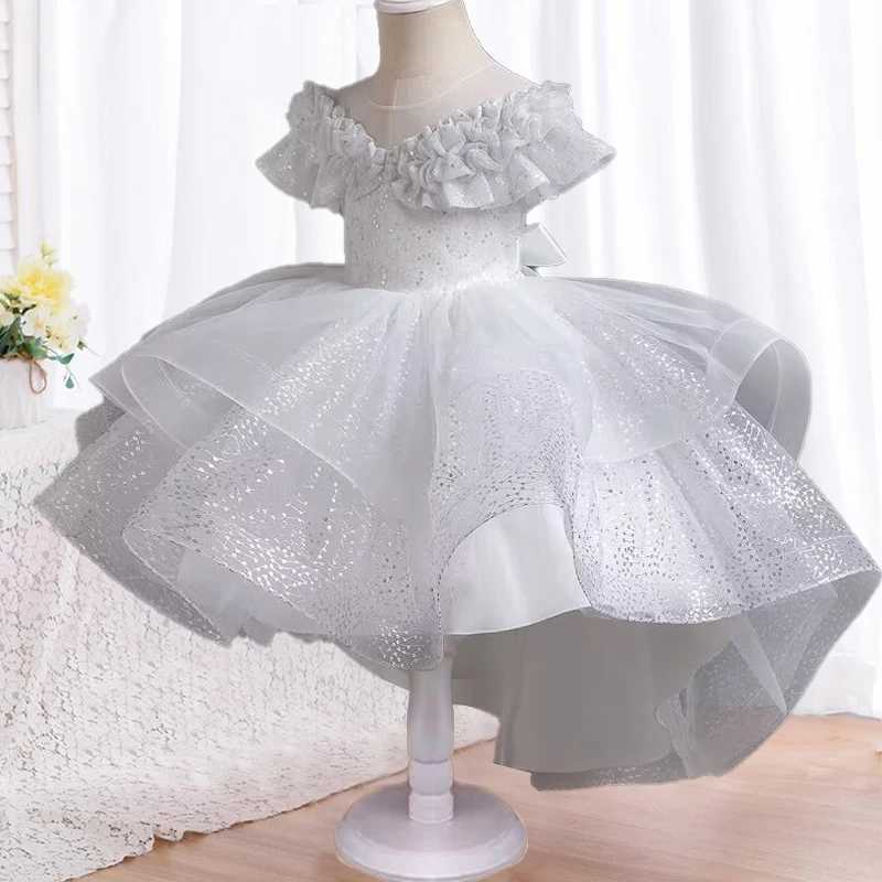 Girl's Dresses 4-12 Year Old Summer Wedding Flower Girl Dress Trailing Sequin Tulle Party Dress Embroidered Elegant Trailing Cake Dress Y240514