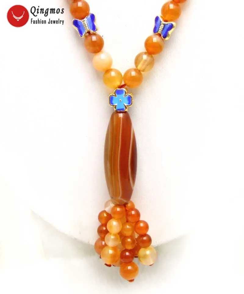 Beaded halsband Qingmos 10 * 42mm olivformad naturlig röd agathänge halsband lämplig för kvinnor med 6 mm orange runda pärlor 22 tum långt halsband D240514