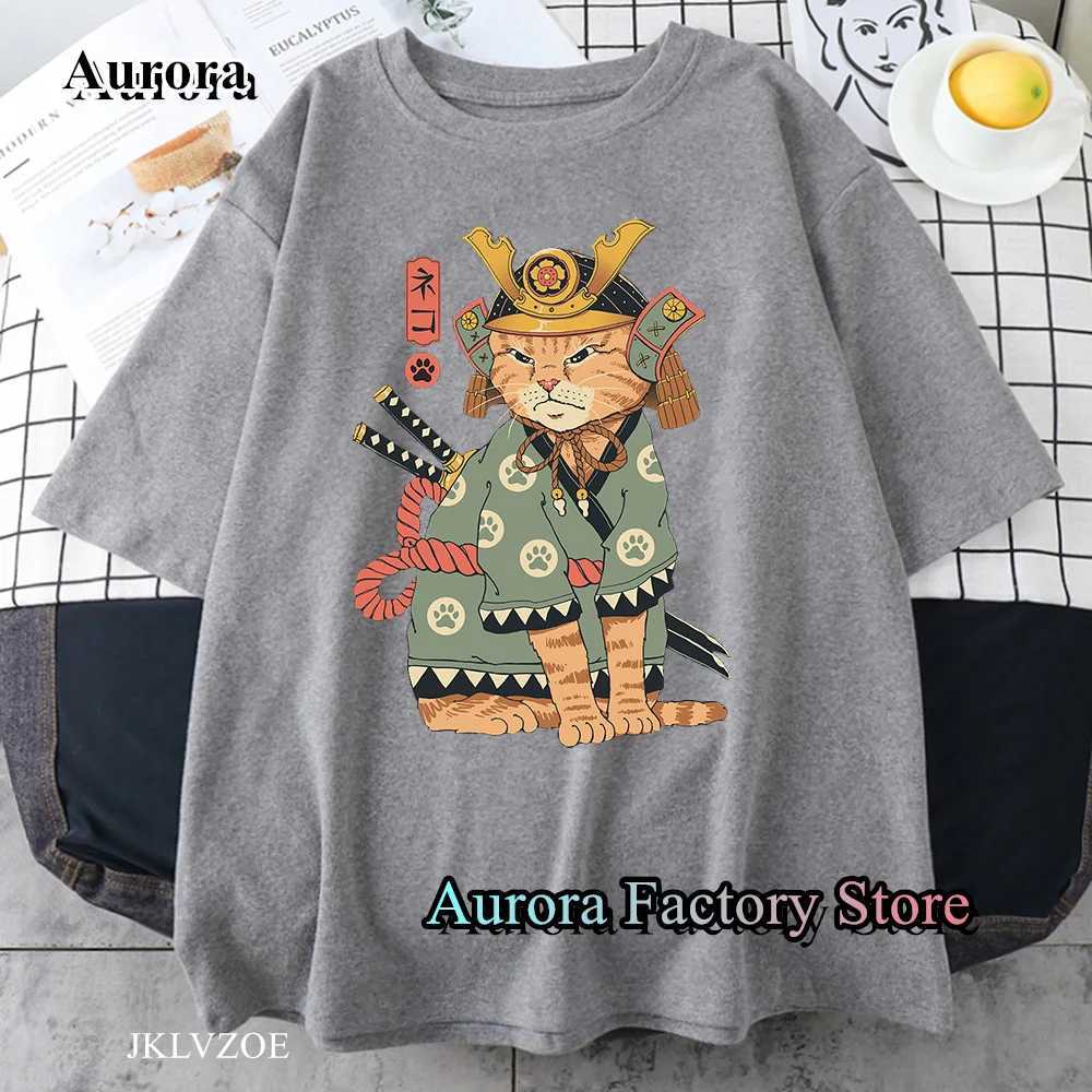 T-shirts voor heren Cartoon Samurai Cat Print T-shirt voor mannen Summer Casual katoen korte sleve kleding vrouwen tops ts y2k harajuku strtwear t240515