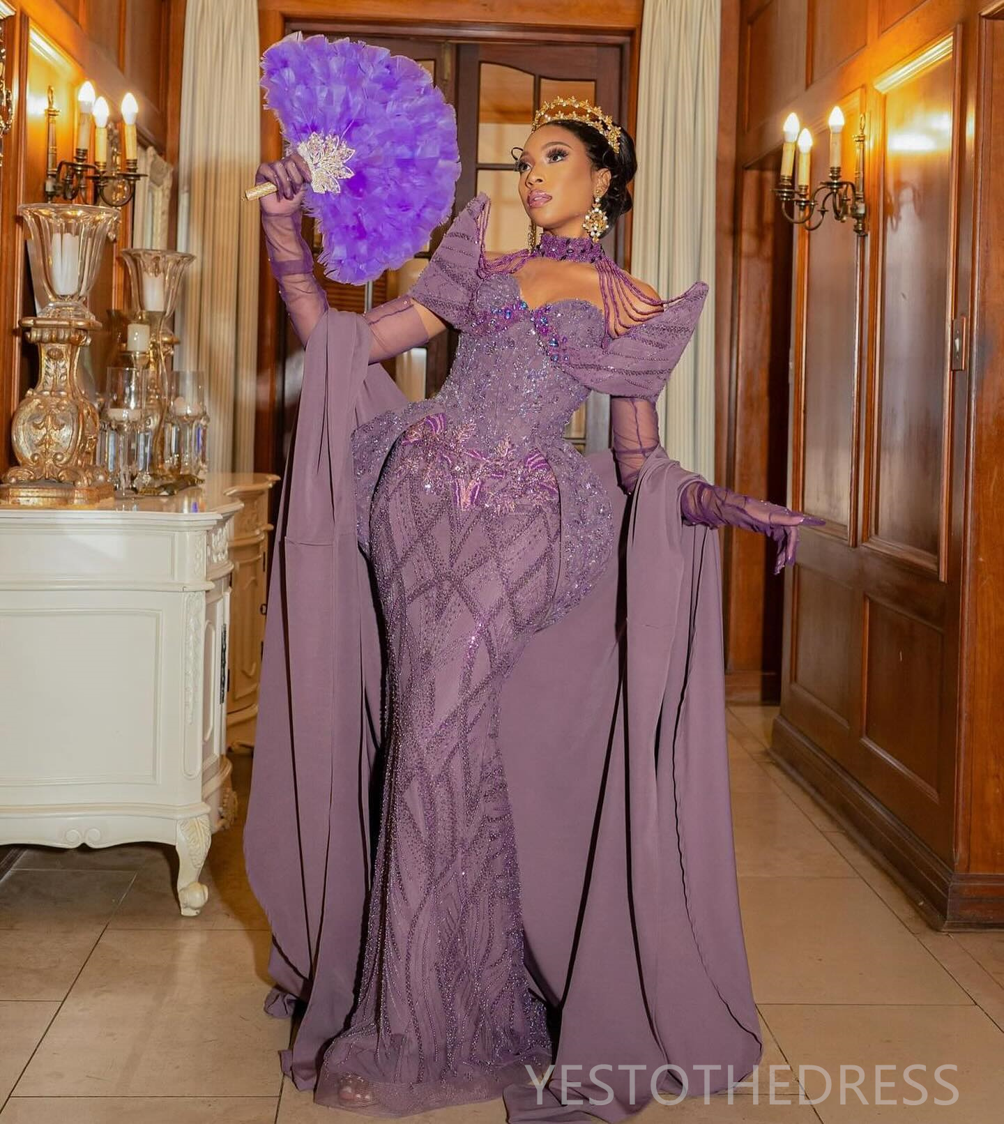 2024 Lilac Plus Size Size PROM Vestidos para ocasiões especiais Promdress Ilusão High Neck Reth Rhinestones Cristais de renda Tassel Aniversário de segunda recepção Vestidos AM931