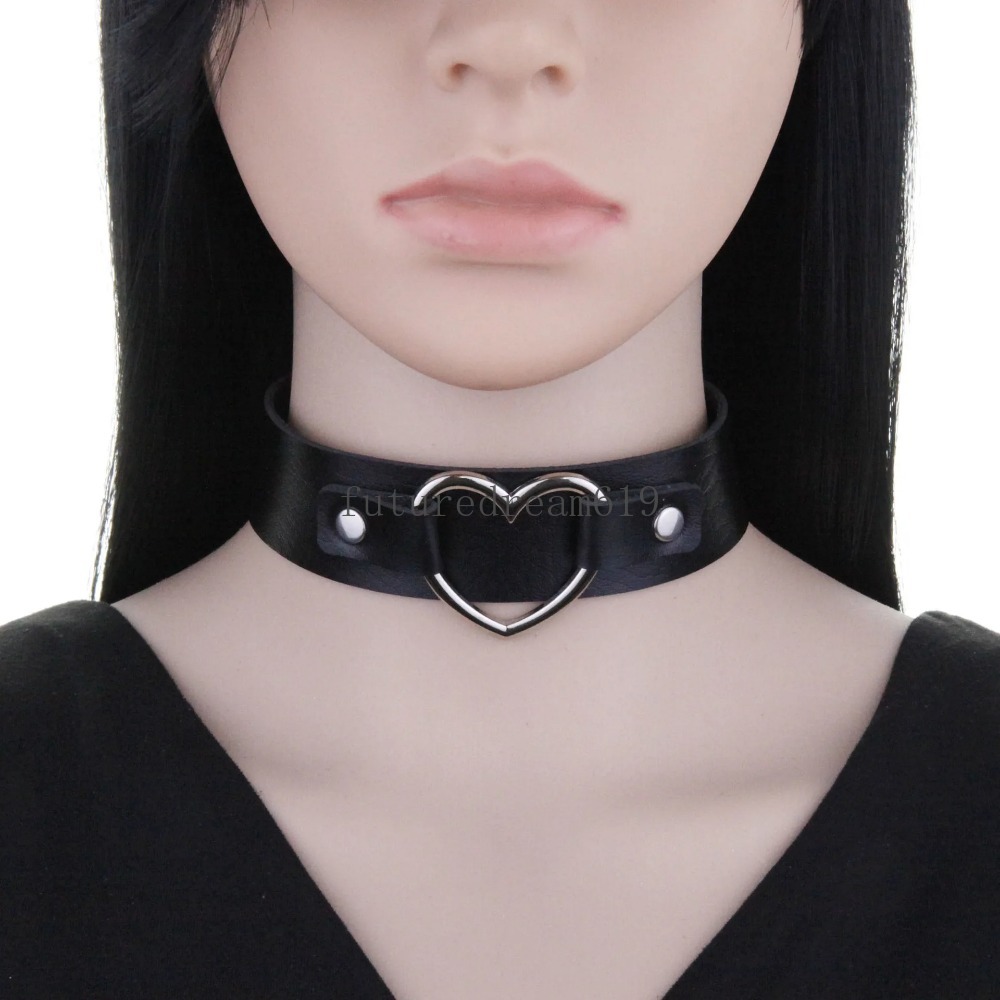 Nytt gotiskt mode svart läderhalsband för kvinnliga män vridmoment vintage harajuku hjärthänge choker halsband