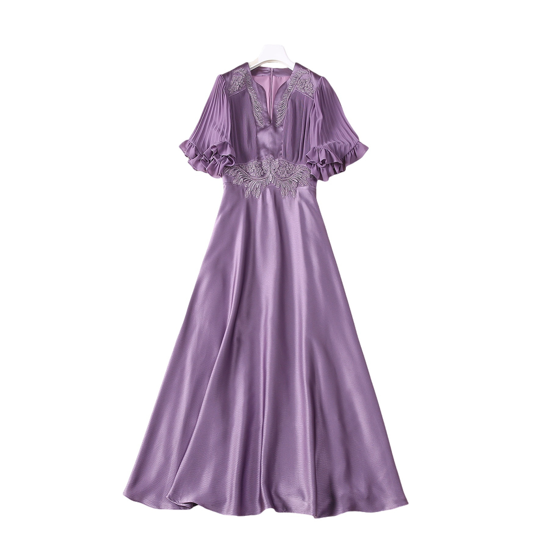 2024 Summer Purple Solid Color Satin Beaded Dress Short Sleeve V-Neck Pleated Midi Casual Dresses S4W140509