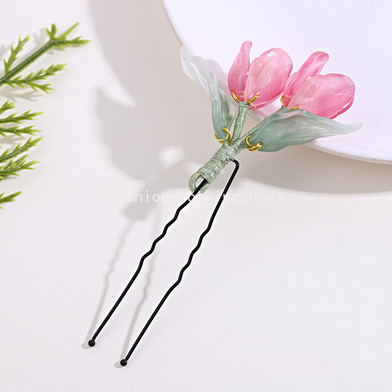 Vintage Wood Tulip Flower Tassel Hairpin For Women Girl Antique Hair Stick Hair Clip Costume Chinese Hanfu Hair Accessories