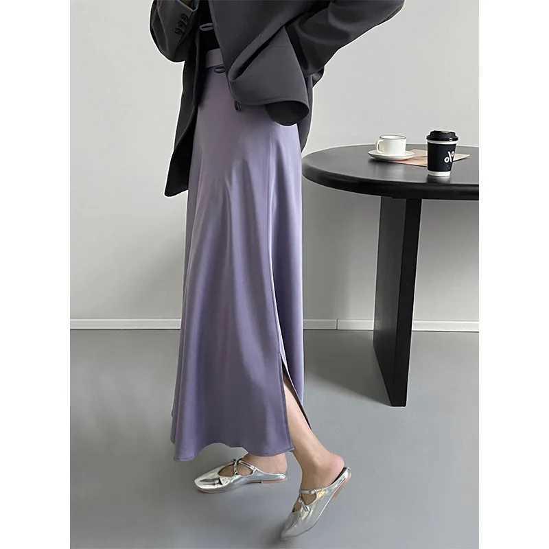 スカートレディースサマーサテンロングスカートハイウエストエレガントな紫色のスカートファムファルダスジュペセイアAラインスカートY240513