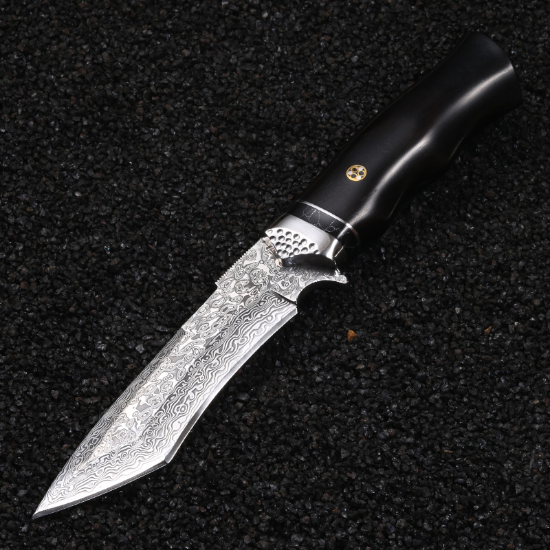 Special Offer A2567 High End Damascus Straight Knife Damascus Steel Tanto Blade Ebony with Steel Head Handle Outdoor Fixed Blade Hunting Knives With Leather Sheath