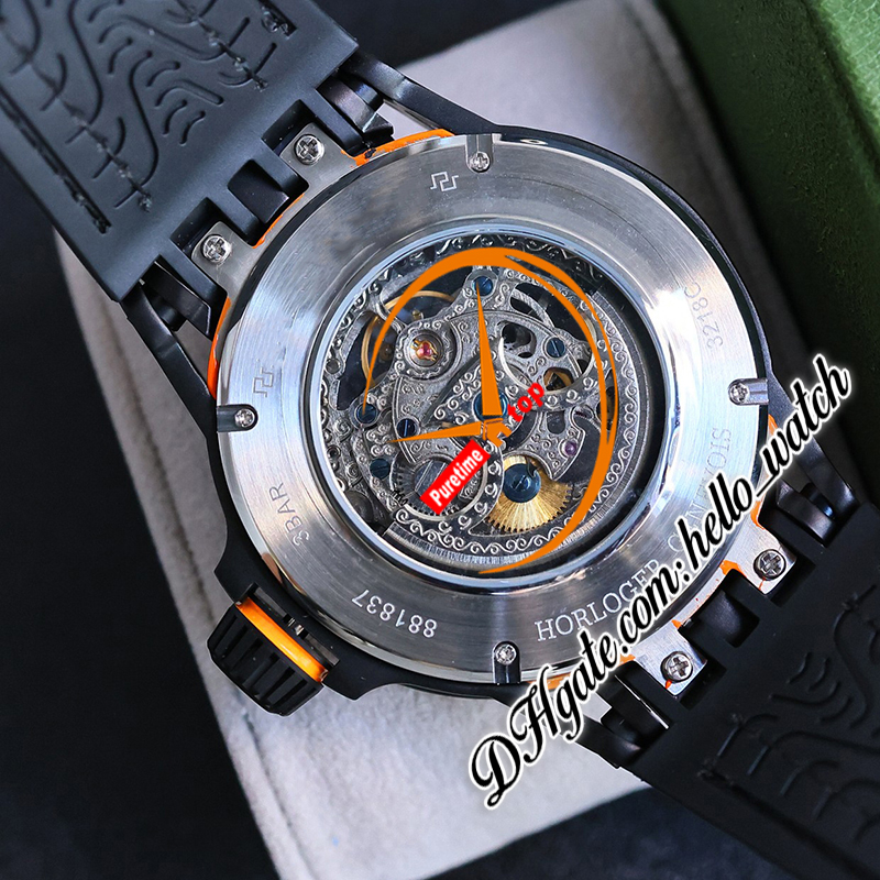 V10 Ny 45mm spindel RDDBEX1033 Automatisk herrar Titta på orange skelett Dial Tourbillon PVD Black Steel Case Red Inner Orange Leather Rubber Strap Watches Hello_watch