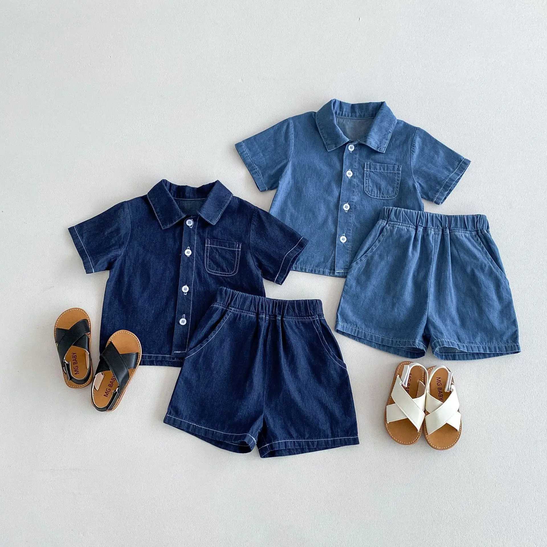 Clothing Sets Baby and toddler summer Korean version denim thin cardigan short sleeved shorts denim suit suitable for ages 0-4 2-piece set