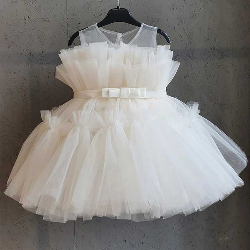 Kız Dresses Flower Girl Bebek Doğum Günü Partisi Balo Giz Dress Girl Campus Mezuniyet Töreni Dantel Kabarık Kafes Prenses Elbise Y240514