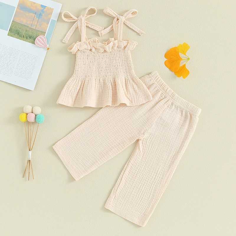 Kläderuppsättningar 0-36 Månters babyflickor Sommarkläder Set Solid Beige Pink Purple Sleeveless Camisole Long Pants Set Babed Girls Summer Outfits