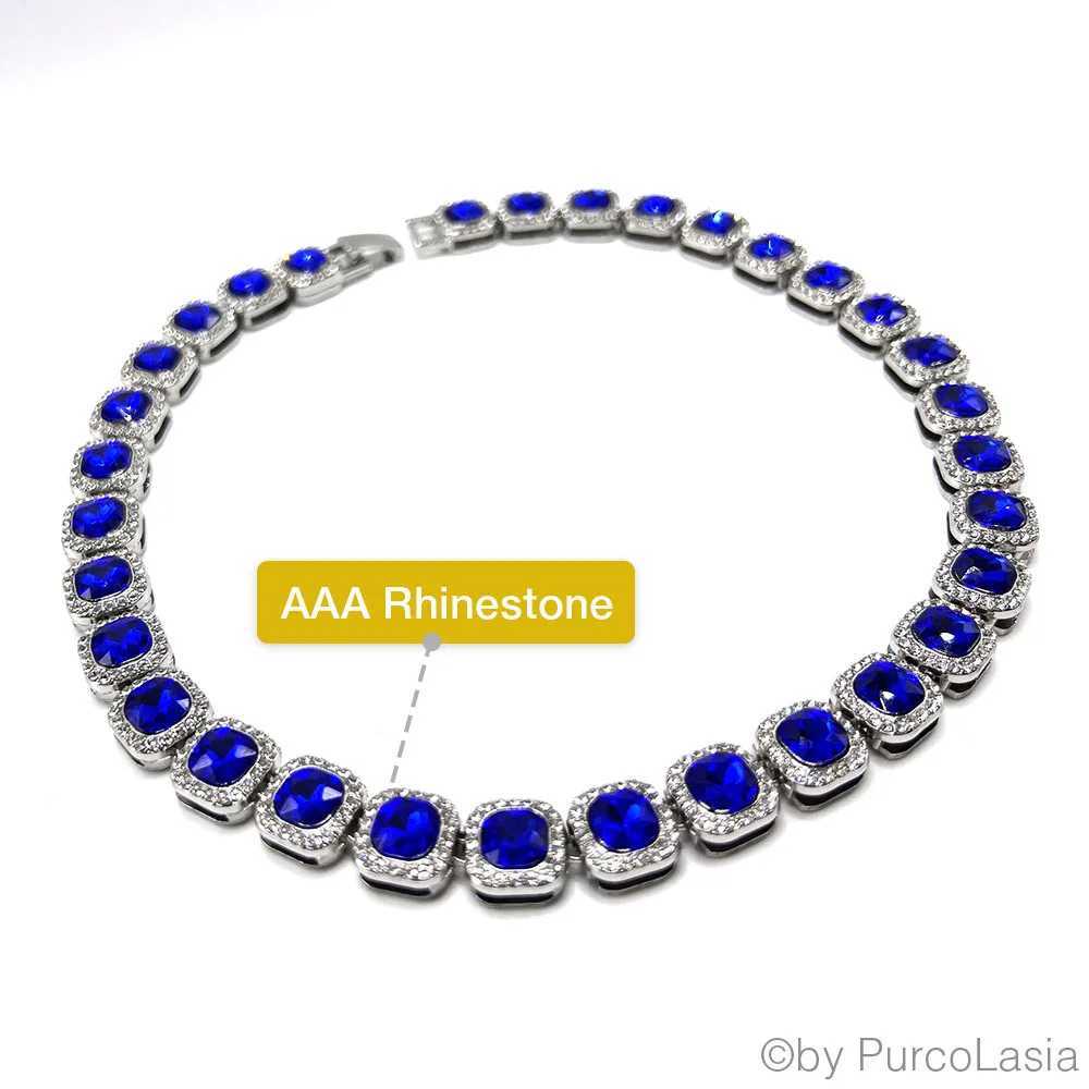 Tennis Fashionable Luxury Royal Blue Mens Tennis Cuban Chain Necklace Hip Hop Plaza Shining AAA Rhinestone Glass Jewelry d240514