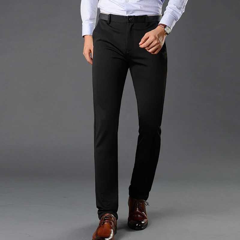 Herrbyxor premium elastiska klänningsbyxor män passar byxor för affärer rak passar no-jiron platt-front mode formella byxor svart marinblå y240514