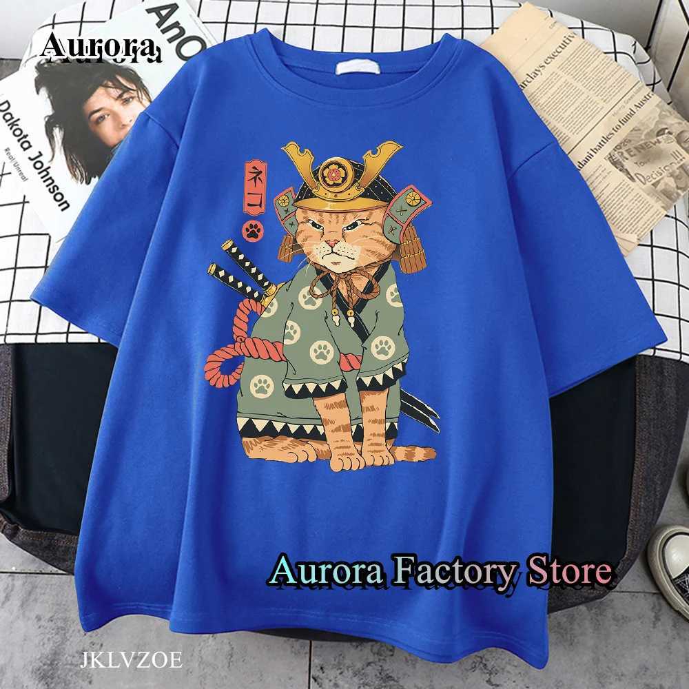 T-shirts voor heren Cartoon Samurai Cat Print T-shirt voor mannen Summer Casual katoen korte sleve kleding vrouwen tops ts y2k harajuku strtwear t240515