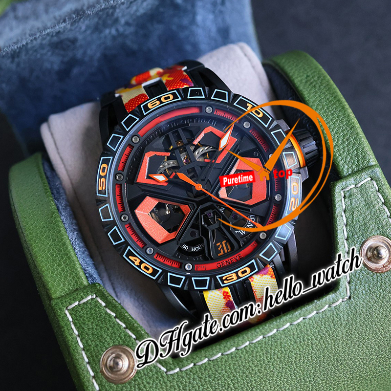 V10 New 45mm Spider RDDBEX1033 Automatic Mens Watch Orange Skeleton Dial Tourbillon PVD Black Steel Case Red Inner Orange Leather Rubber Strap Watches Hello_Watch