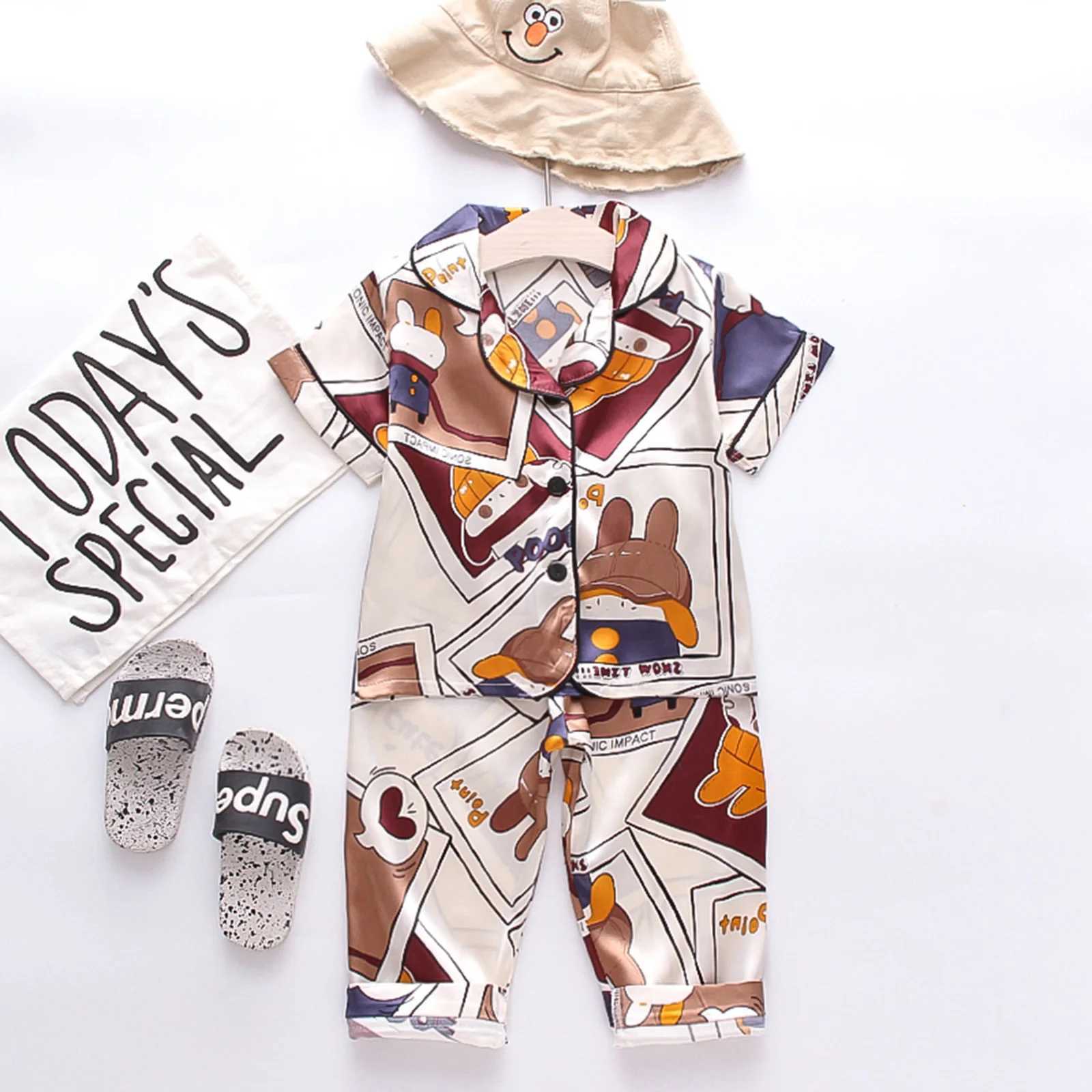 Pyjama's zomer babykleding zijden satijnen pyjama set voor jongens en meisjes kindercartoon dierenfamilie 1-4y d240515