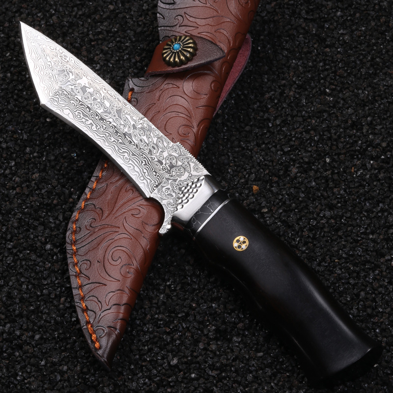 Special Offer A2567 High End Damascus Straight Knife Damascus Steel Tanto Blade Ebony with Steel Head Handle Outdoor Fixed Blade Hunting Knives With Leather Sheath