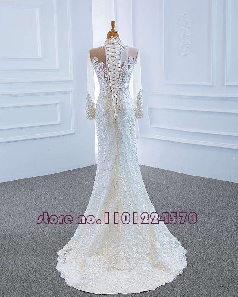 O-Neck Lace Up Back Long Sleeve Pearls Appliques Mermaid Wedding Dress With Detachable Train Vestido de Noiva Sereia