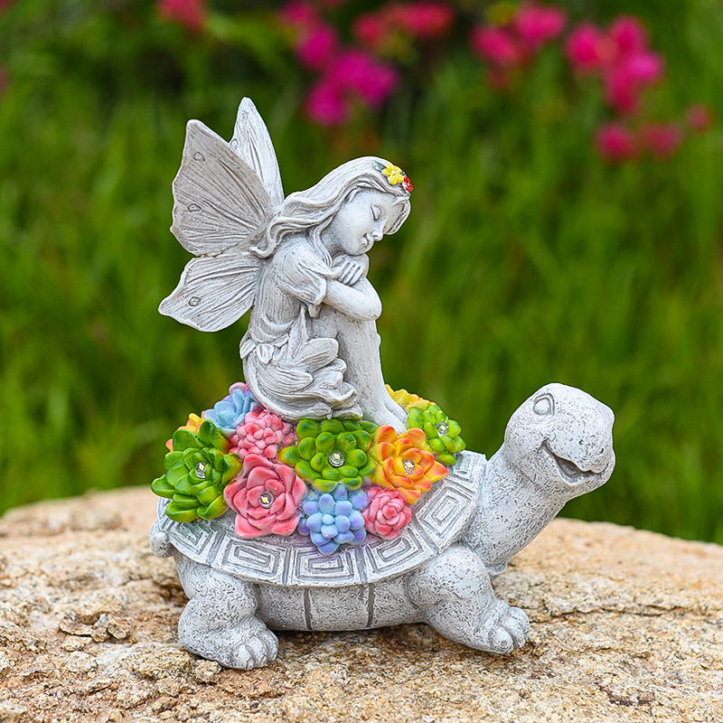 Turtle Garden Decor Solar Turtle Statues Outdoor with Fairy Angel Lights Lawn Tortoise for Patio, Balcony, Yard, Decorations with LED Lights Ornament Housewarming