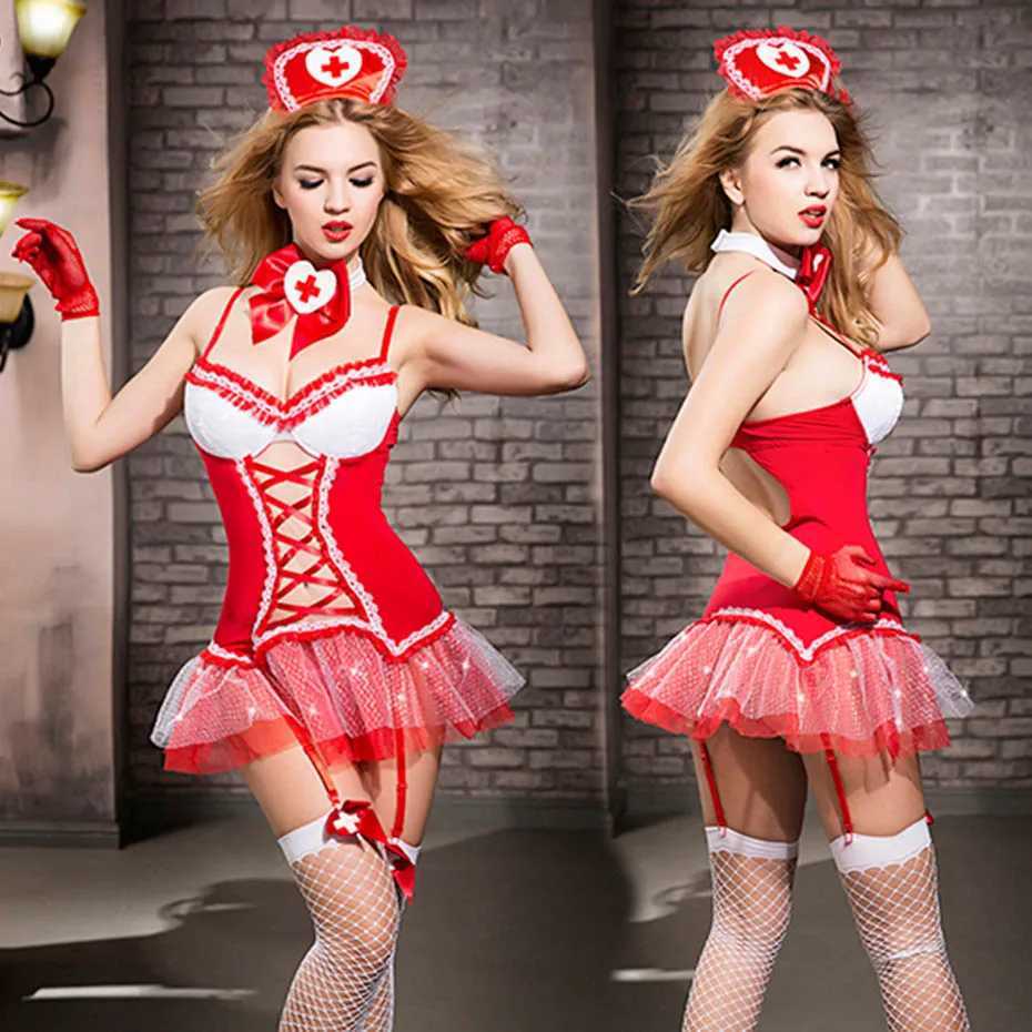 Sexy Conjunto Jsy Enfermeira Sexy Uniforme Cosplay Lingerie Mulheres Roupa Roupa Vestido de Renda Vermelha Babydoll Nightgown Erótico Venha